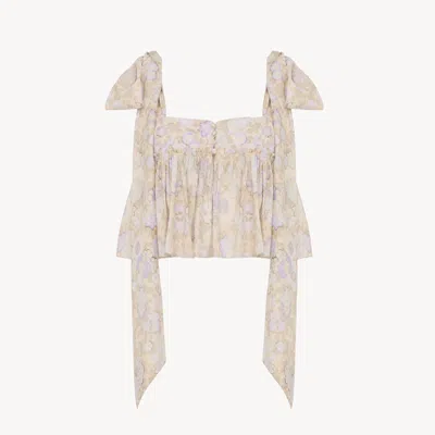 Chloé Bow-detailed Ruffled Floral-print Cotton-poplin Top In Neutral