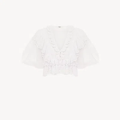 Chloé Cropped V-neck Ruffle Top In Cotton Voile In Pattern