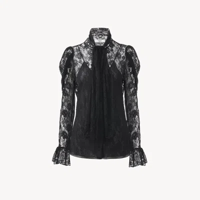 Chloé Top Lavallière Manches Bouffantes En Dentelle Jacquard Florale Femme Noir Taille 38 100% Polyamide, 
