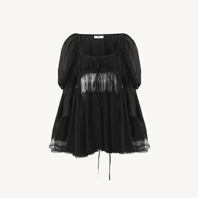 Chloé Top Manches Bouffantes À Encolure Carrée En Georgette De Soie Et Dentelle Femme Noir Taille 42 100% 