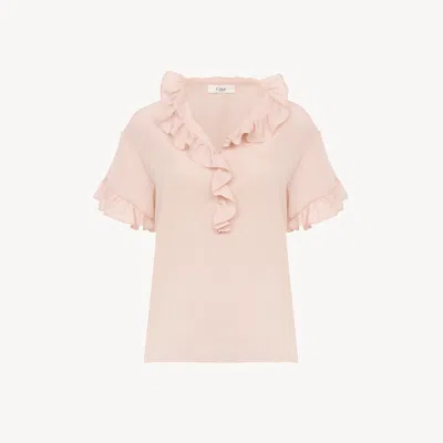 Chloé Top Manches Courtes À Volants En Crêpe De Chine In Pink
