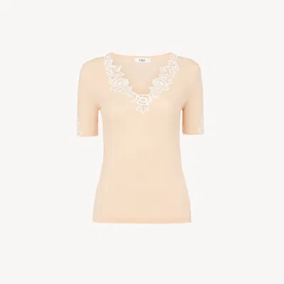 Chloé Top Manches Courtes Ajusté En Maille De Laine Et Dentelle Guipure In Pink