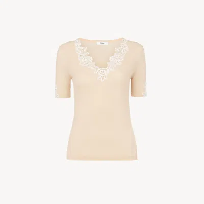 CHLOÉ FITTED SHORT-SLEEVE TOP IN GUIPURE LACE WOOL KNIT ORANGE SIZE L 100% WOOL, POLYESTER