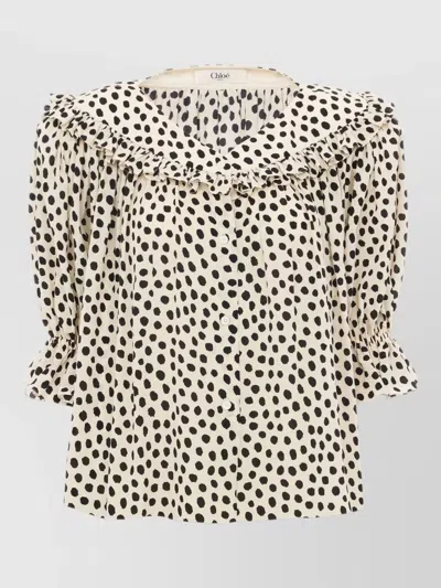 Chloé Top Puff Sleeves Polka Dots Ruffled Collar In Neutral