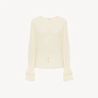Chloé Gathered V-neck Top In Silk Georgette In White