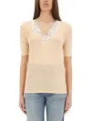 Chloé Fitted Short-sleeve Top In Guipure Lace Wool Knit In Powder