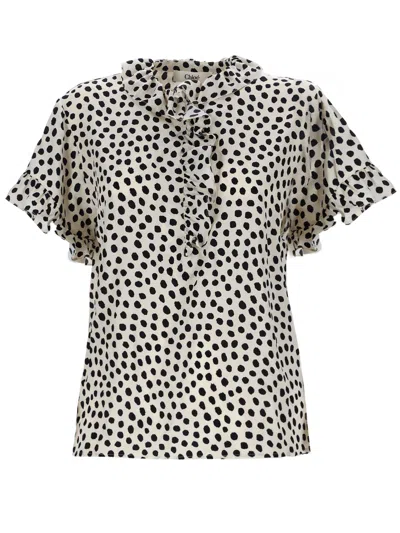 Chloé Short Sleeve Ruffled Crepe De Chine Shirt In Multi