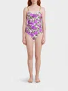 Chloé Bow-detailed Ruched Lace-trimmed Floral-print Swimsuit In Purple