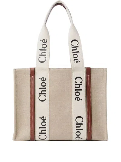 Chloé Tote Bag Woody In Linen In White