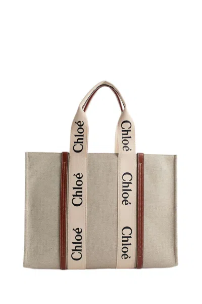 Chloé Tote L White Canvas Brown Leather