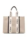 Chloé Large Woody Tote Bag In Linen White Size Onesize 100% Linen, Calf-skin Leather, Polyester In White Blue