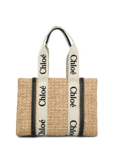 Chloé Medium Woody Raffia Beach Bag In Nude