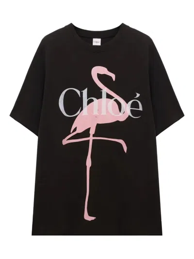 CHLOÉ WIDE T-SHIRT WITH FLAMINGO PRINT IN COTTON JERSEY