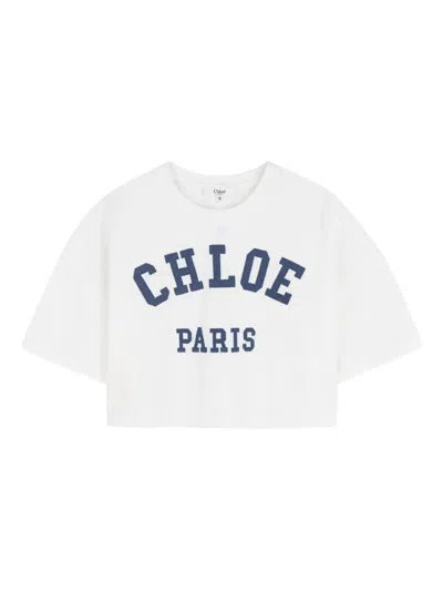 Chloé Kids' Crop Cotton T-shirt With Logo Patch In White