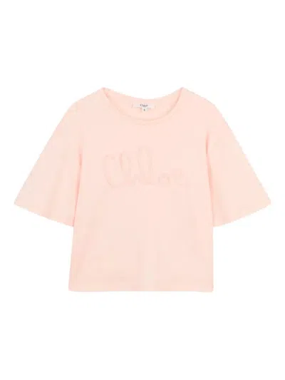 Chloé Kids' Embroidered-logo Cotton T-shirt In Pink