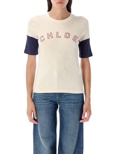 Chloé Tshirt Logo Bicolo Sleeve In White