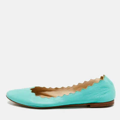 Pre-owned Chloé Turquoise Blue Leather Lauren Scalloped Ballet Flats Size 37