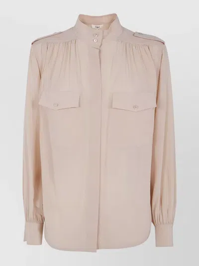 Chloé Turtle Neck Shirt Chest Pockets Epaulettes Pleats In Neutral