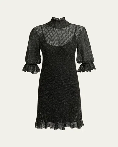 Chloé Turtleneck Metallic Open Knit Puff-sleeve Dress In Black