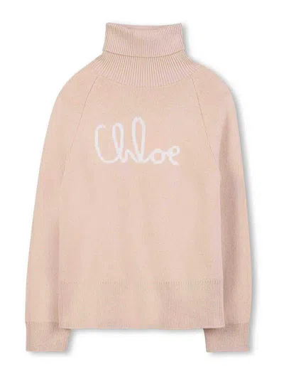 Chloé Kids' Turtleneck Sweater With Logo In Pink