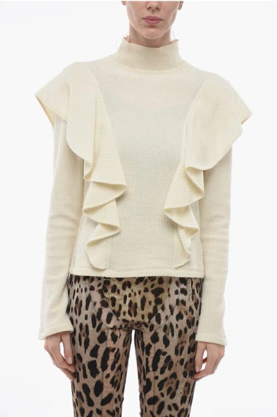 Chloé Turtleneck Wool Jumper With Ruffled Sleeves In White