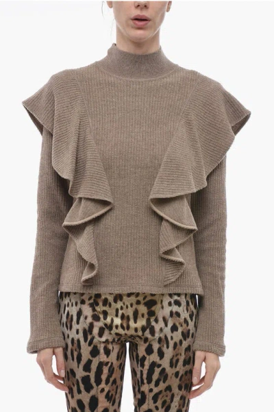 Chloé Turtleneck Wool Jumper With Ruffled Sleeves In Grey
