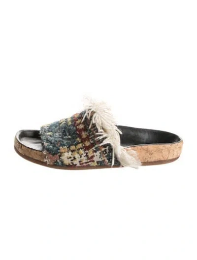 Pre-owned Chloé Tweed Pattern Fringe Trim Accent Slides In Blue