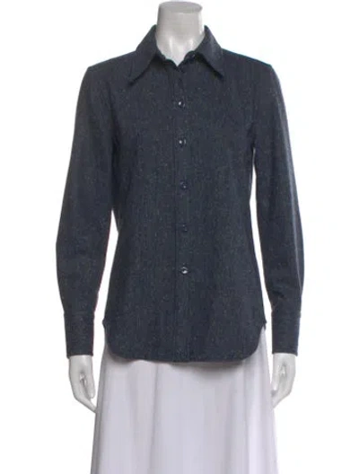 Pre-owned Chloé Tweed Pattern Long Sleeve Button-up Top In Blue