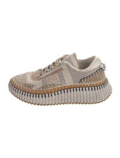 Pre-owned Chloé Tweed Pattern Whipstitch Trim Sneakers In Neutral