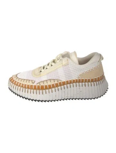 Pre-owned Chloé Tweed Pattern Whipstitch Trim Sneakers In White
