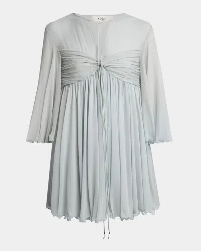Chloé Twisted Bust 3/4-sleeve Chiffon Mini Dress In Airy Grey