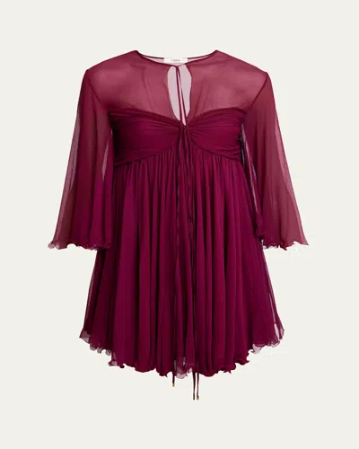 Chloé Twisted Bust 3/4-sleeve Chiffon Mini Dress In Maroon Pink