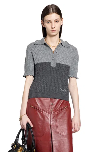 Chloé Two-tone Cable-knit Polo In Gray
