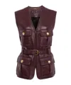 Chloé Leather Belted Waist Sleeveless Jacket In Burgundy