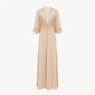 Chloé Robe Longue À Col En V En Crêpe De Satin Femme Rose Taille 40 100% Soie In Pink