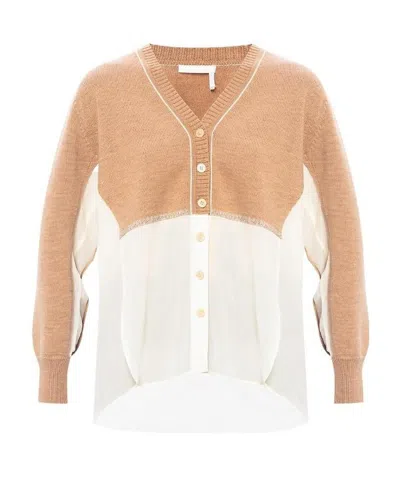 Chloé V-neck Panelled Cardigan In Nude