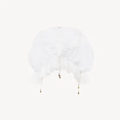 Chloé Top Col V À Volants En Voile De Coton Femme Blanc Taille 42 100% Coton In White