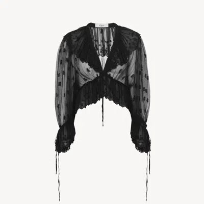 CHLOÉ V-NECK RUFFLE TOP IN EMBROIDERED LACE BLACK SIZE 14 100% POLYESTER, SILK, PINCTADA MAXIMA, FARMED, C