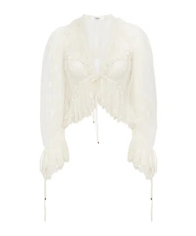Chloé V-neck Ruffle Top In Embroidered Lace In Whispering White