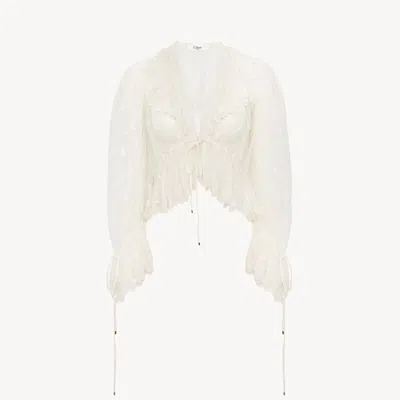 Chloé V-neck Ruffle Top In Embroidered Lace White Size 4 100% Polyester, Pinctada Maxima, Farmed, Coo Aust