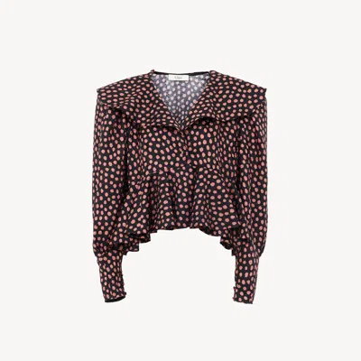 Chloé V-neck Ruffle Top In Silk Jacquard In Brown