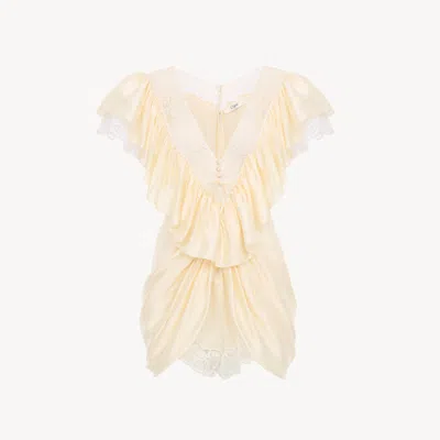 Chloé V-neck Short Jumpsuit In Washed Silk Satin & Lace In Nude