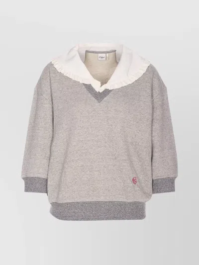 Chloé V-neck Sweater Ruffled Collar 3/4 Sleeves In Gray