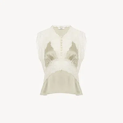 Chloé V-neck Top In Silk Satin & Lace Green Size 4 100% Silk, Polyamide