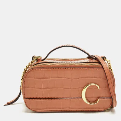 Pre-owned Chloé Vanity C Mini Brown Croc Embossed Shoulder Bag
