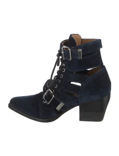 Pre-owned Chloé Velvet Cutout Accent Lace-up Boots In Blue