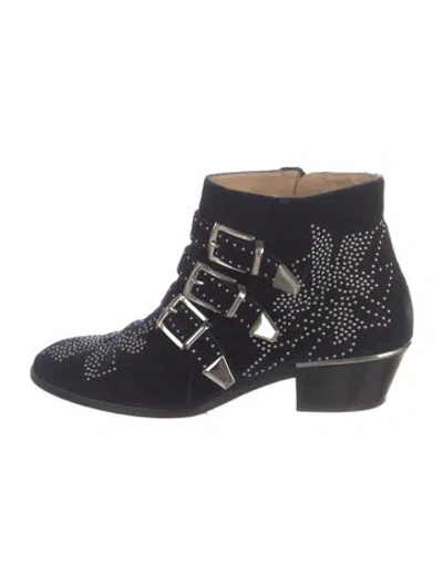 Pre-owned Chloé Velvet Graphic Print Moto Boots In Blue