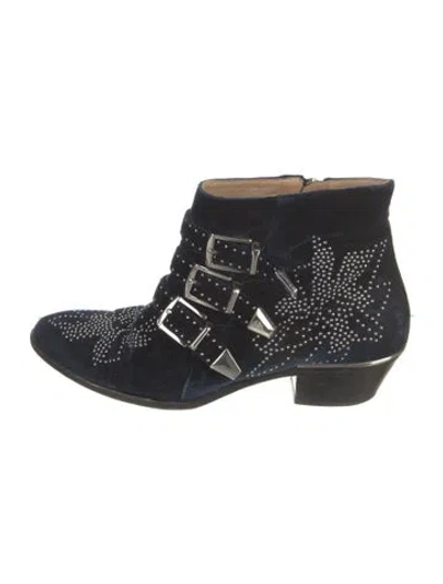 Pre-owned Chloé Velvet Graphic Print Moto Boots In Blue