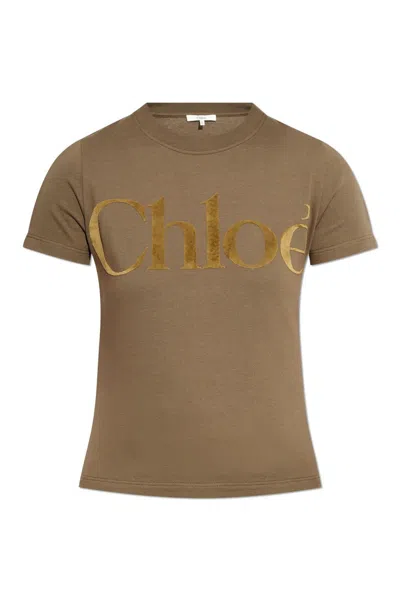 CHLOÉ VELVET-LOGO CREWNECK T-SHIRT