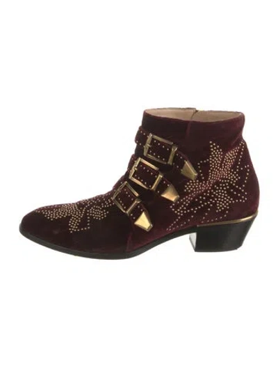 Pre-owned Chloé Velvet Studded Accents Boots In Burgundy